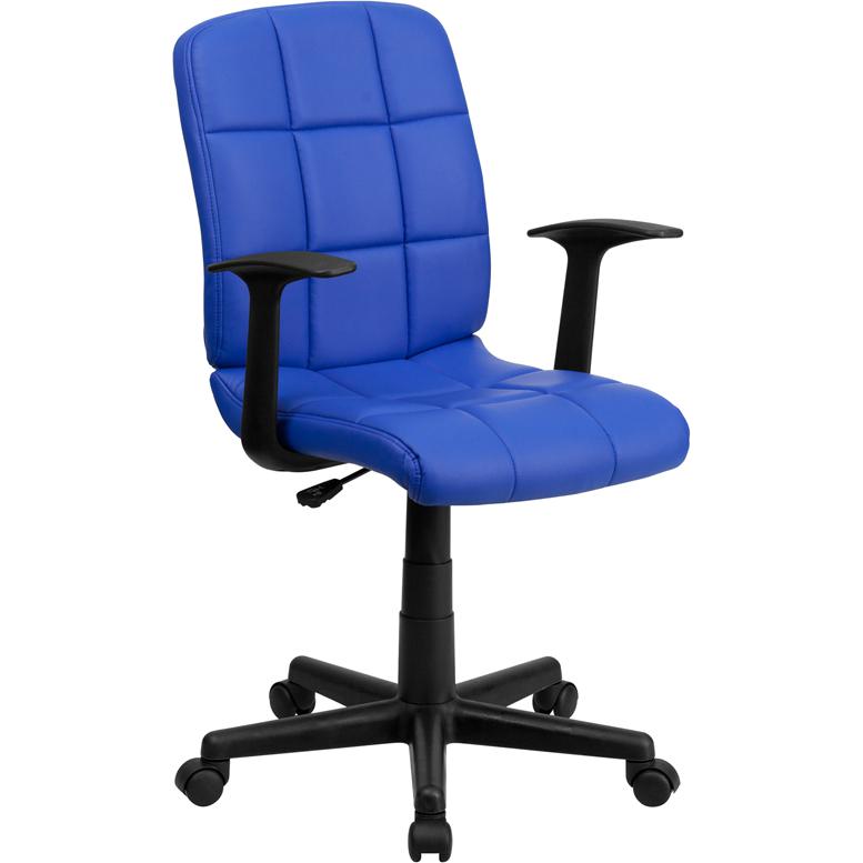 Mid-Back Blue Quilted Vinyl Swivel Task Office Chair with Arms. The main picture.