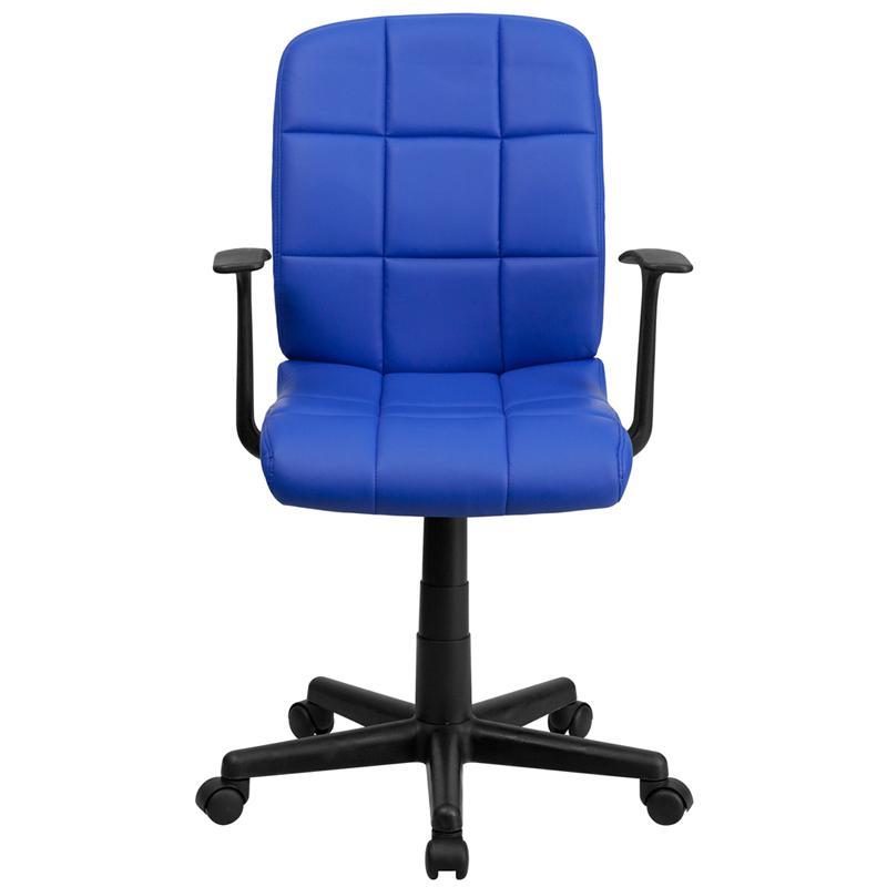 Mid-Back Blue Quilted Vinyl Swivel Task Office Chair with Arms. Picture 4