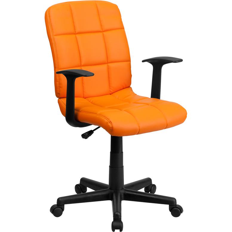 Mid-Back Orange Quilted Vinyl Swivel Task Office Chair with Arms. Picture 1