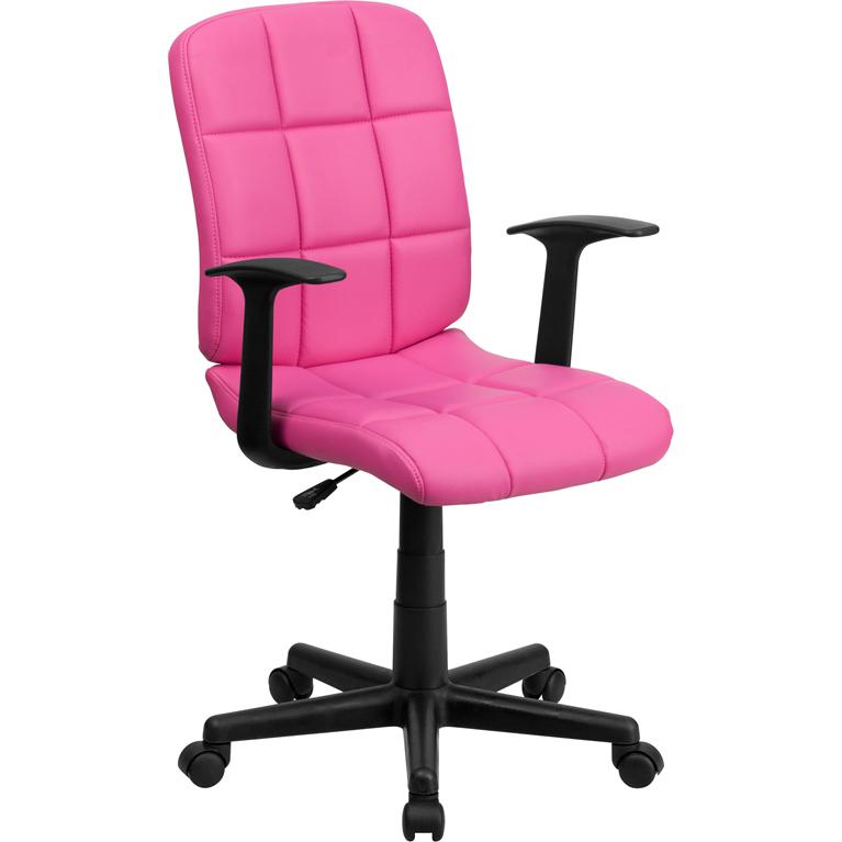 Mid-Back Pink Quilted Vinyl Swivel Task Office Chair with Arms. The main picture.