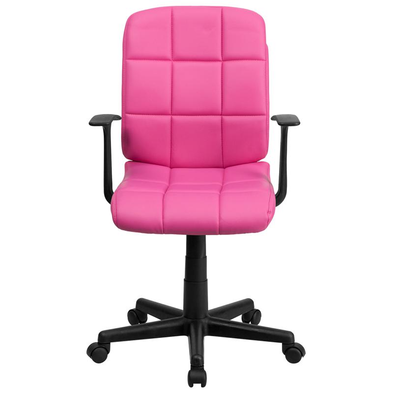 Mid-Back Pink Quilted Vinyl Swivel Task Office Chair with Arms. Picture 4