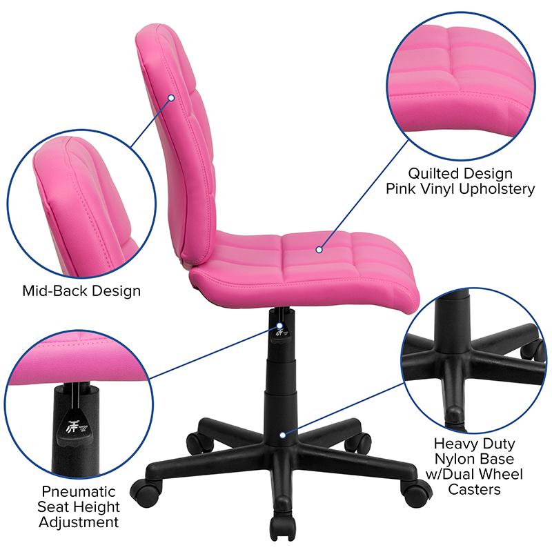 Mid-Back Pink Quilted Vinyl Swivel Task Office Chair. Picture 5