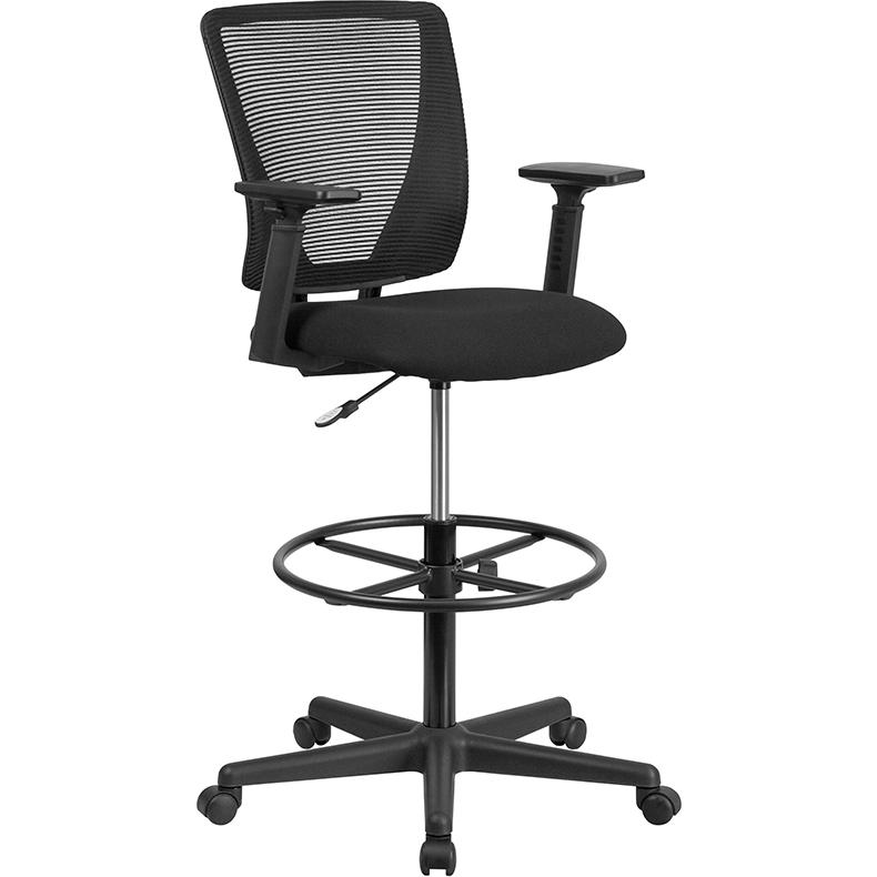 Mid-Back Mesh Drafting Chair with Black Fabric Seat, Adjustable Foot Ring. Picture 1