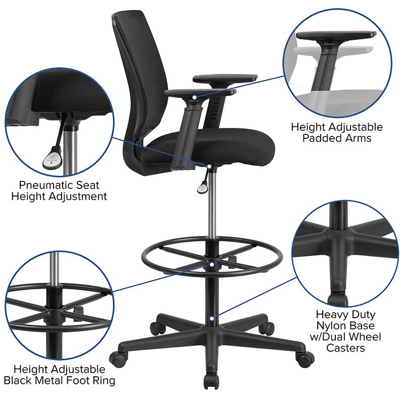 Mid-Back Mesh Drafting Chair with Black Fabric Seat, Adjustable Foot Ring. Picture 5