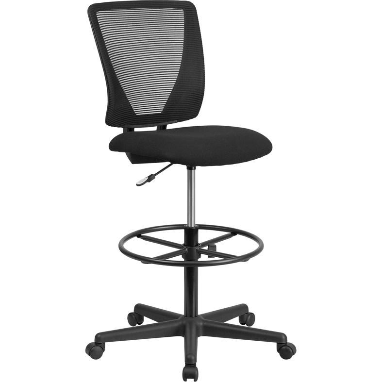 Mid-Back Mesh Drafting Chair with Black Fabric Seat and Adjustable Foot Ring. Picture 1