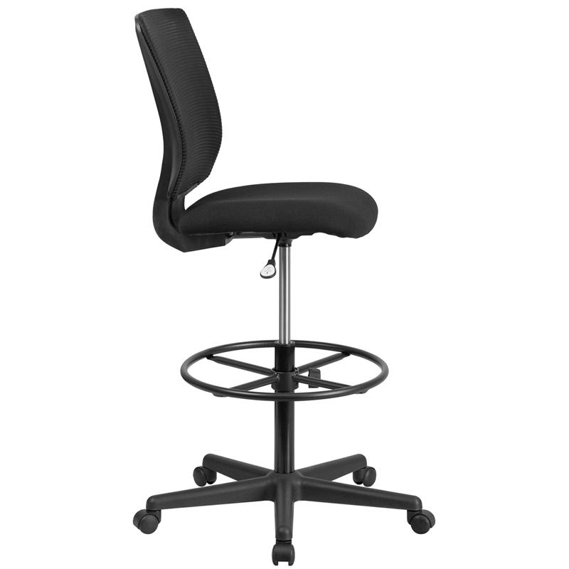 Mid-Back Mesh Drafting Chair with Black Fabric Seat and Adjustable Foot Ring. Picture 2