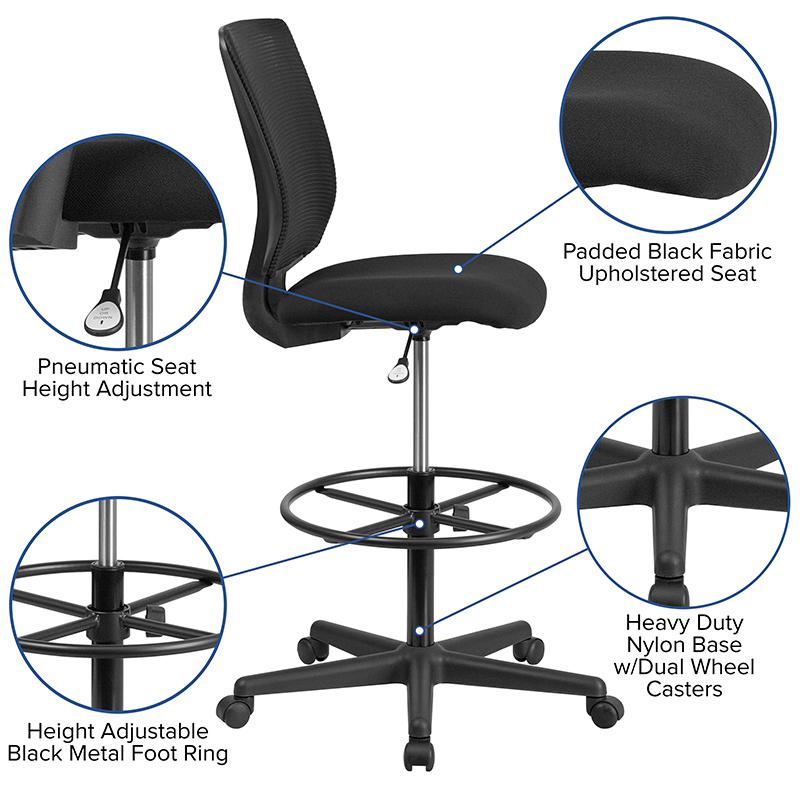 Mid-Back Mesh Drafting Chair with Black Fabric Seat and Adjustable Foot Ring. Picture 5