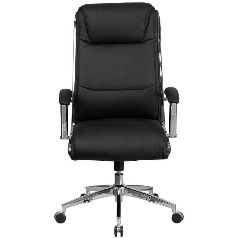 High Back Designer Black LeatherSoft Smooth Upholstered Executive Swivel Office Chair with Chrome Base and Arms. Picture 4