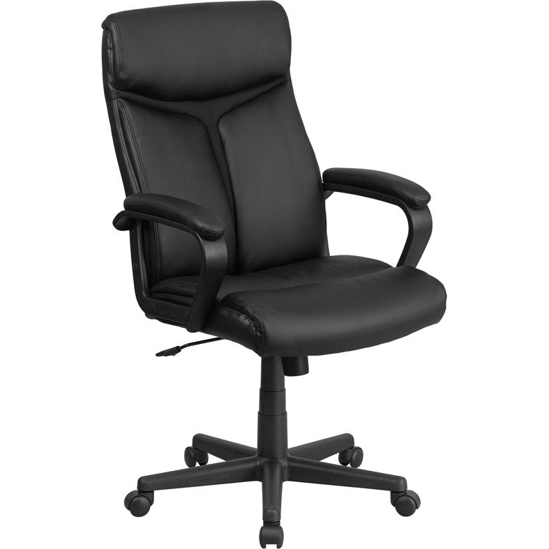 High Back Black LeatherSoft Executive Swivel Office Chair with Slight Mesh Accent and Arms. Picture 1