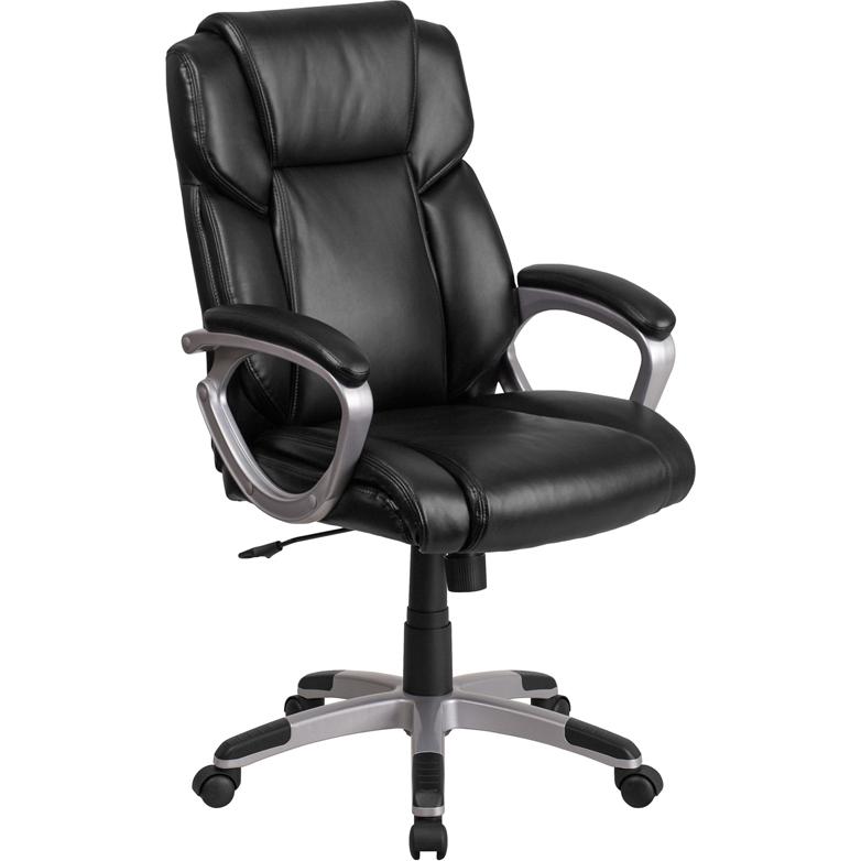 Mid-Back Black LeatherSoft Executive Swivel Office Chair with Padded Arms. Picture 1