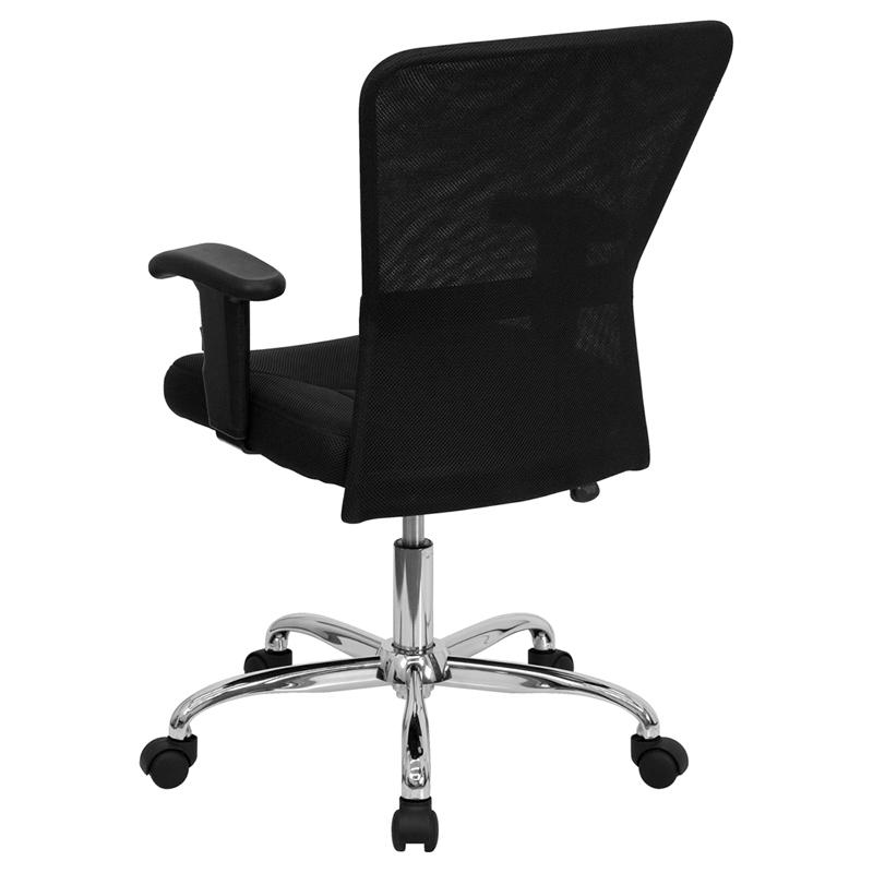 Mid-Back Black Mesh Contemporary Swivel Task Office Chair with Chrome Base and Adjustable Arms. Picture 3