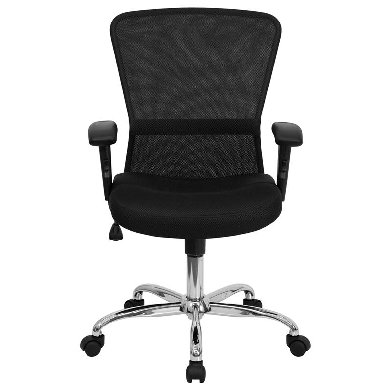 Mid-Back Black Mesh Contemporary Swivel Task Office Chair with Chrome Base and Adjustable Arms. Picture 4