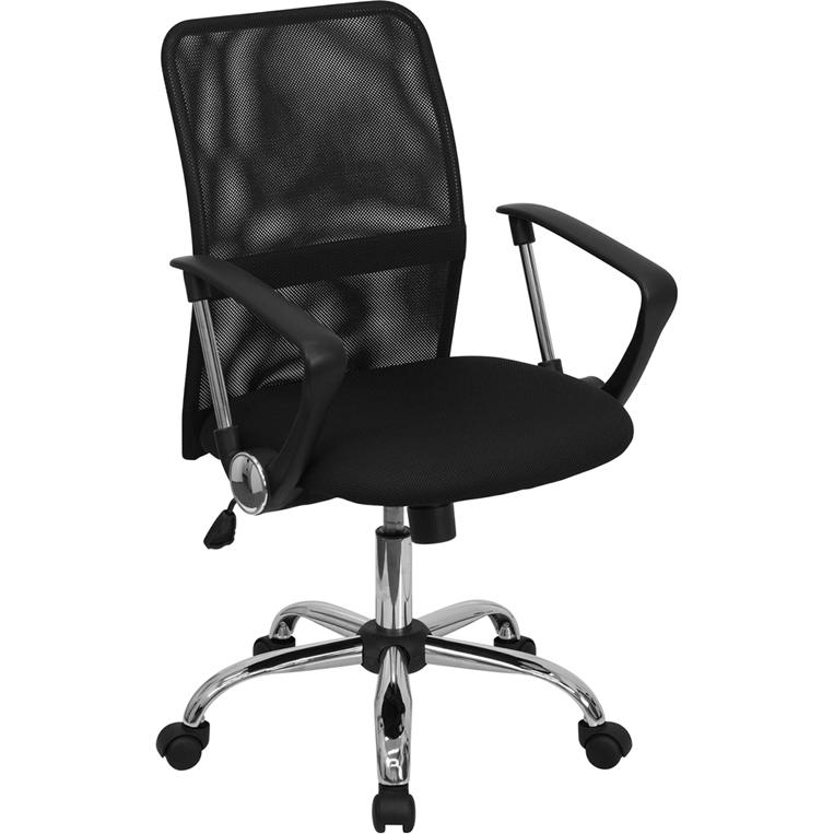 Mid-Back Black Mesh Swivel Task Office Chair with Lumbar Support Band and Arms. Picture 1