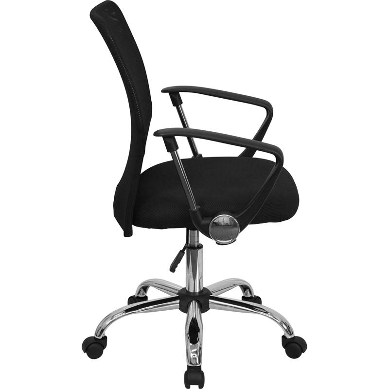 Mid-Back Black Mesh Swivel Task Office Chair with Lumbar Support Band and Arms. Picture 2