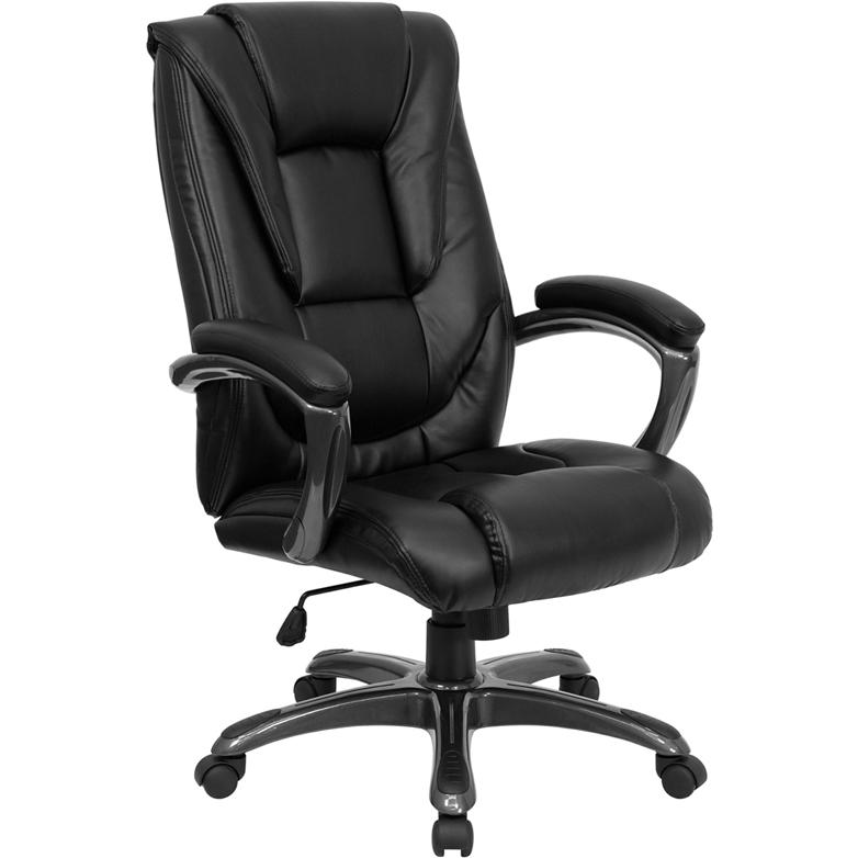High Back Black LeatherSoft Layered Upholstered Executive Swivel Ergonomic Office Chair with Smoke Metal Base and Arms. Picture 1