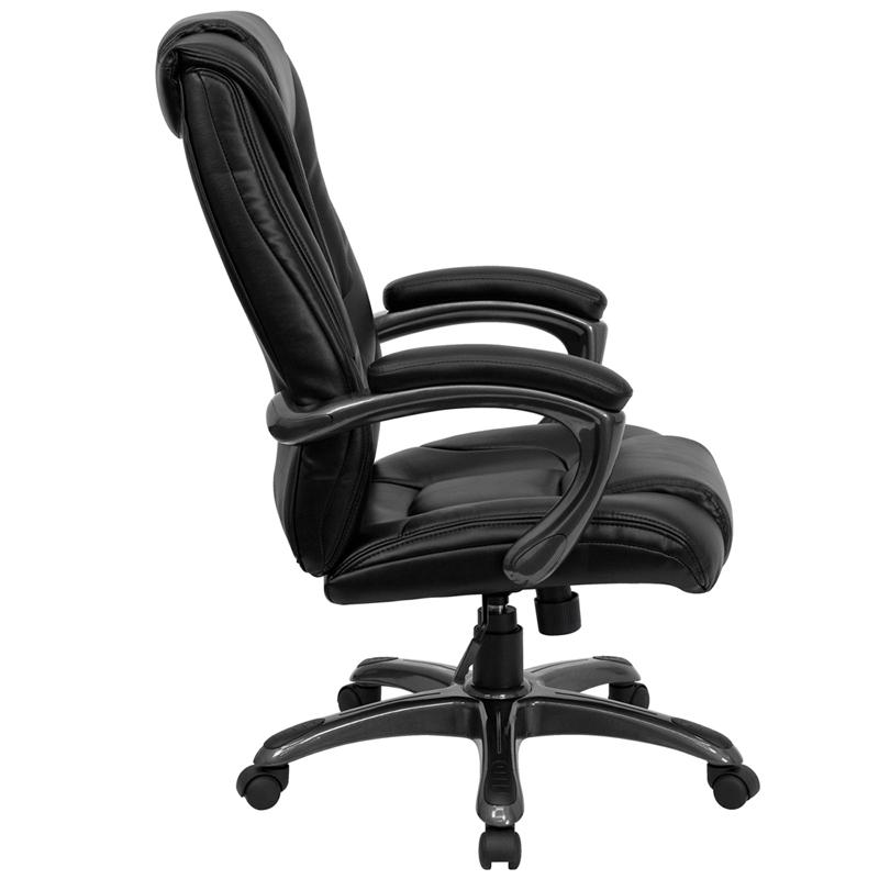 High Back Black LeatherSoft Layered Upholstered Executive Swivel Ergonomic Office Chair with Smoke Metal Base and Arms. Picture 2