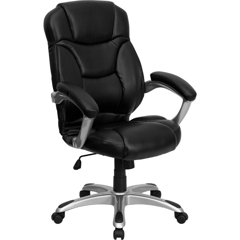 High Back Black LeatherSoft Contemporary Executive Swivel Ergonomic Office Chair with Silver Nylon Base and Arms. The main picture.