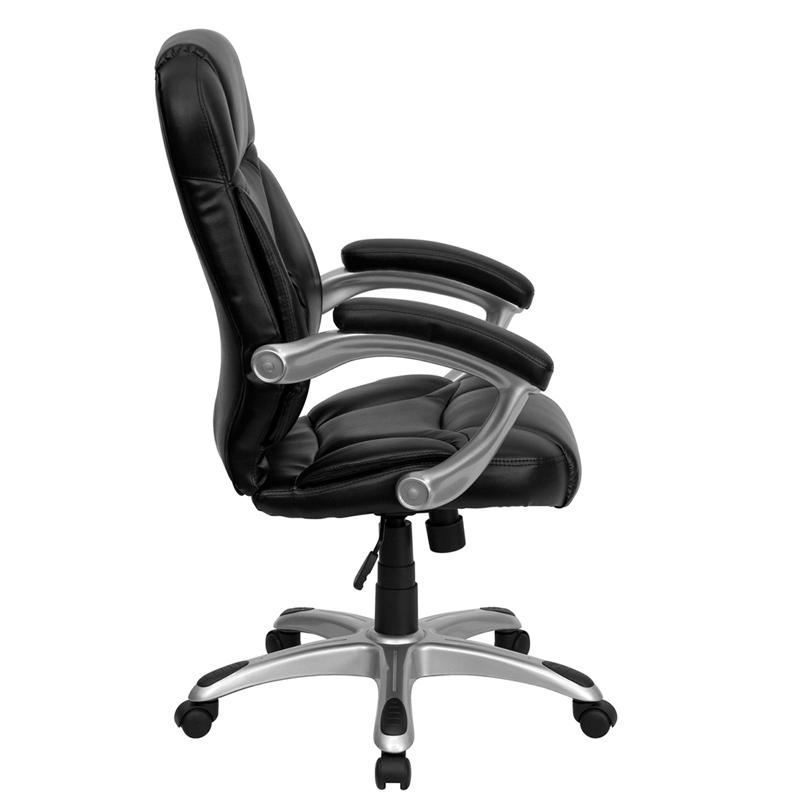 High Back Black LeatherSoft Contemporary Executive Swivel Ergonomic Office Chair with Silver Nylon Base and Arms. Picture 2