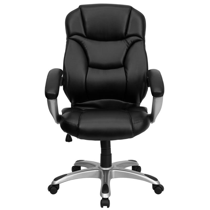 High Back Black LeatherSoft Contemporary Executive Swivel Ergonomic Office Chair with Silver Nylon Base and Arms. Picture 4