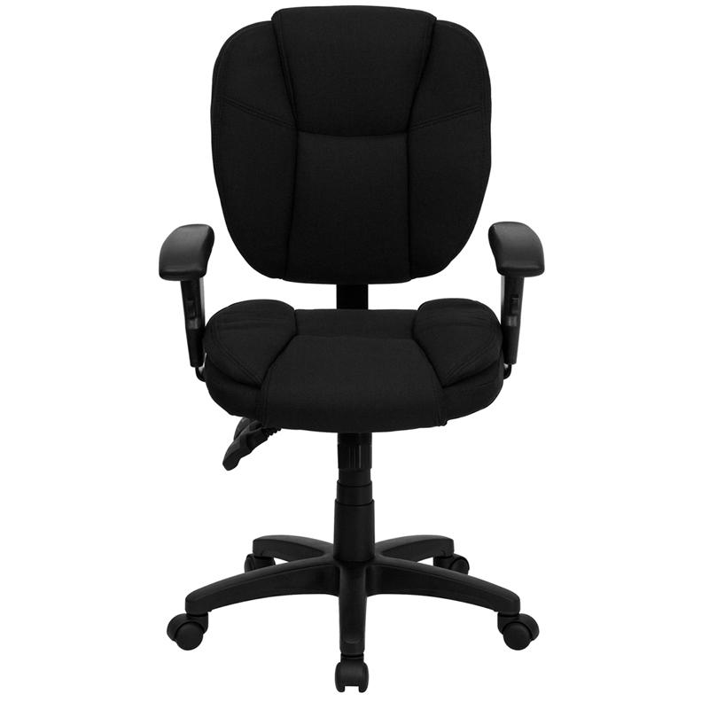 Mid-Back Black Fabric Multifunction Swivel Ergonomic Task Office Chair with Pillow Top Cushioning and Arms. Picture 4