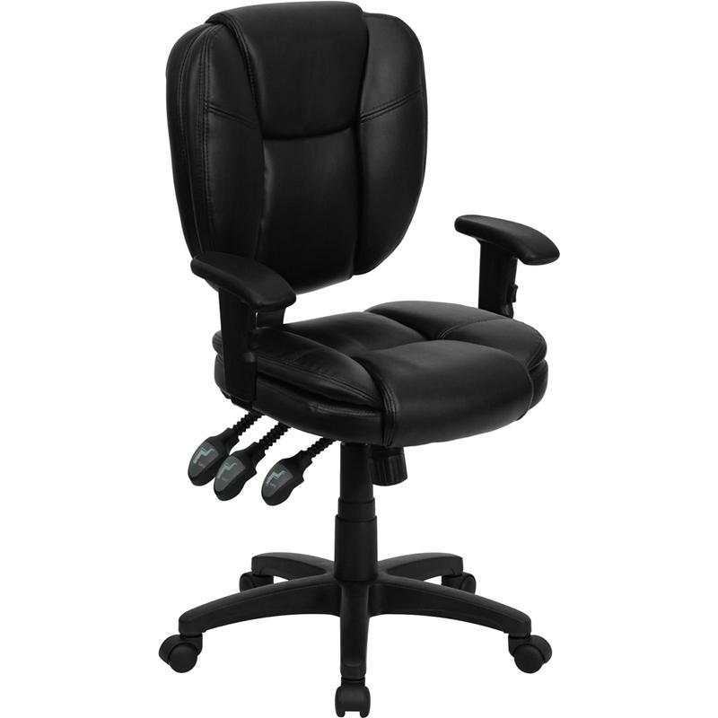 Mid-Back Black LeatherSoft Multifunction Swivel Ergonomic Task Office Chair with Pillow Top Cushioning and Arms. Picture 1