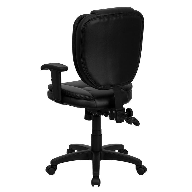 Mid-Back Black LeatherSoft Multifunction Swivel Ergonomic Task Office Chair with Pillow Top Cushioning and Arms. Picture 3