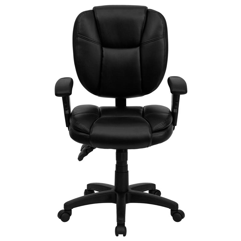 Mid-Back Black LeatherSoft Multifunction Swivel Ergonomic Task Office Chair with Pillow Top Cushioning and Arms. Picture 4