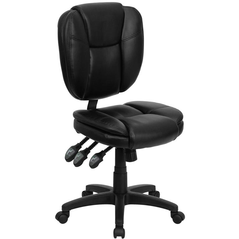 Mid-Back Black LeatherSoft Multifunction Swivel Ergonomic Task Office Chair with Pillow Top Cushioning. Picture 1