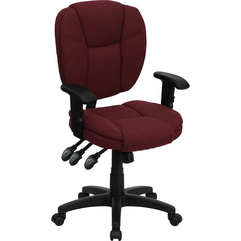 Mid-Back Burgundy Fabric Multifunction Swivel Ergonomic Task Office Chair with Pillow Top Cushioning and Arms. The main picture.