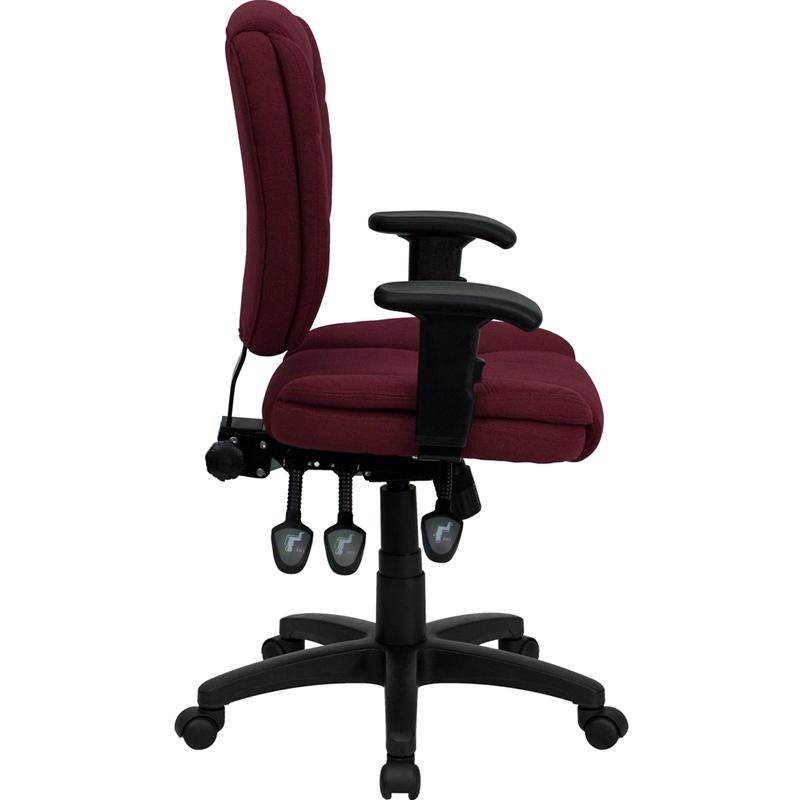Mid-Back Burgundy Fabric Multifunction Swivel Ergonomic Task Office Chair with Pillow Top Cushioning and Arms. Picture 2