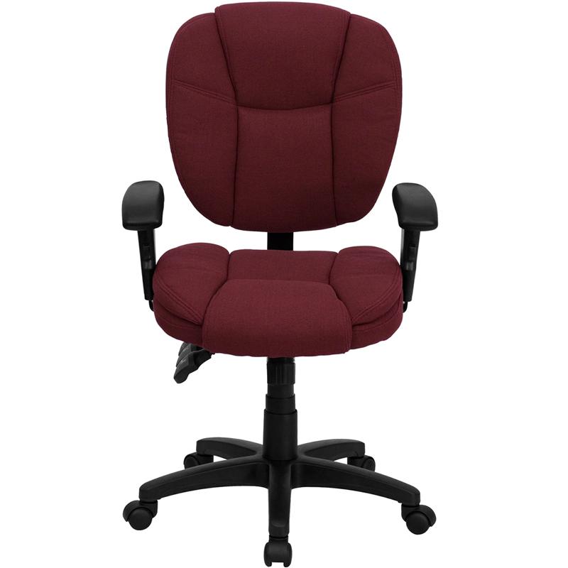 Mid-Back Burgundy Fabric Multifunction Swivel Ergonomic Task Office Chair with Pillow Top Cushioning and Arms. Picture 4