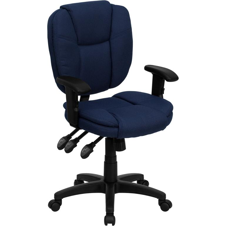Mid-Back Navy Blue Fabric Multifunction Swivel Ergonomic Task Office Chair with Pillow Top Cushioning and Arms. Picture 1