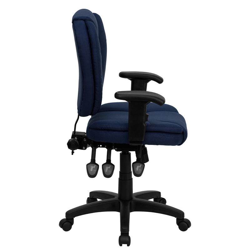 Mid-Back Navy Blue Fabric Multifunction Swivel Ergonomic Task Office Chair with Pillow Top Cushioning and Arms. Picture 2