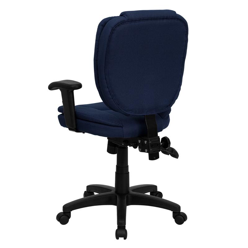 Mid-Back Navy Blue Fabric Multifunction Swivel Ergonomic Task Office Chair with Pillow Top Cushioning and Arms. Picture 3