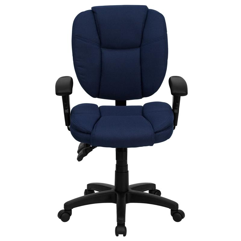 Mid-Back Navy Blue Fabric Multifunction Swivel Ergonomic Task Office Chair with Pillow Top Cushioning and Arms. Picture 4