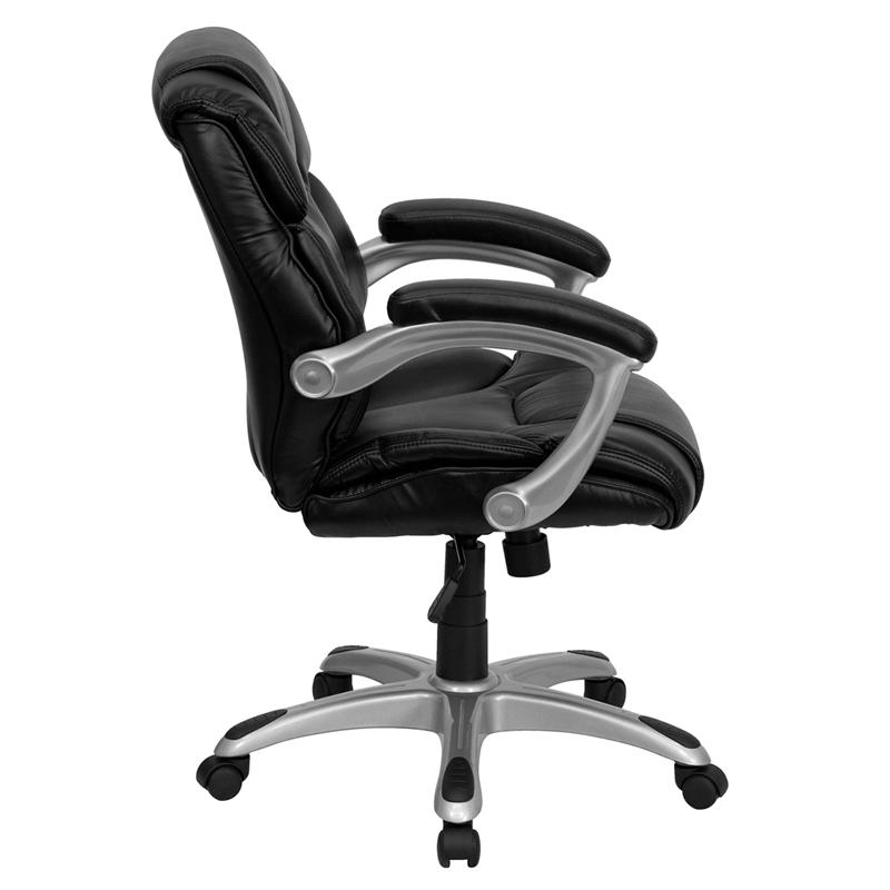 Mid-Back Black LeatherSoft Layered Upholstered Executive Swivel Ergonomic Office Chair with Silver Nylon Base and Arms. Picture 2
