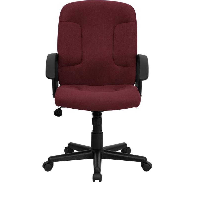 Mid-Back Burgundy Fabric Executive Swivel Office Chair with Nylon Arms. Picture 4