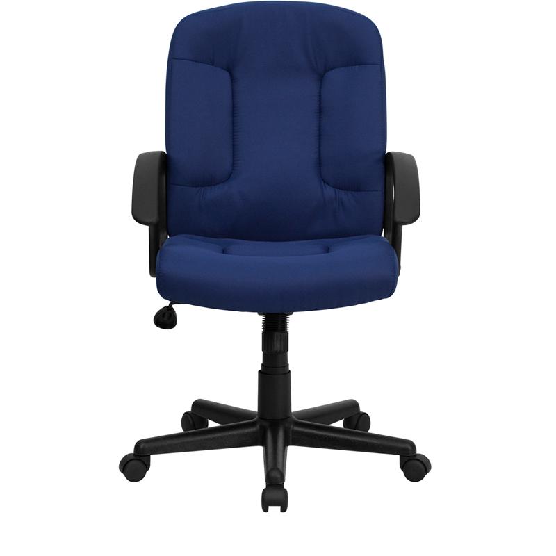 Mid-Back Navy Fabric Executive Swivel Office Chair with Nylon Arms. Picture 4