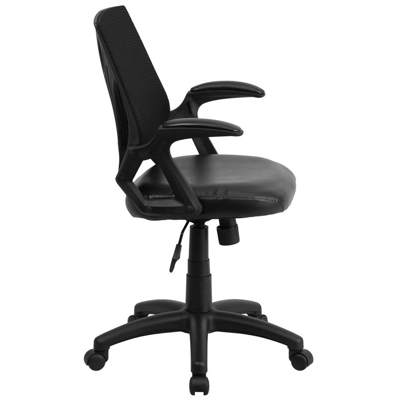 Mid-Back Designer Black Mesh Swivel Task Office Chair with LeatherSoft Seat and Open Arms. Picture 2