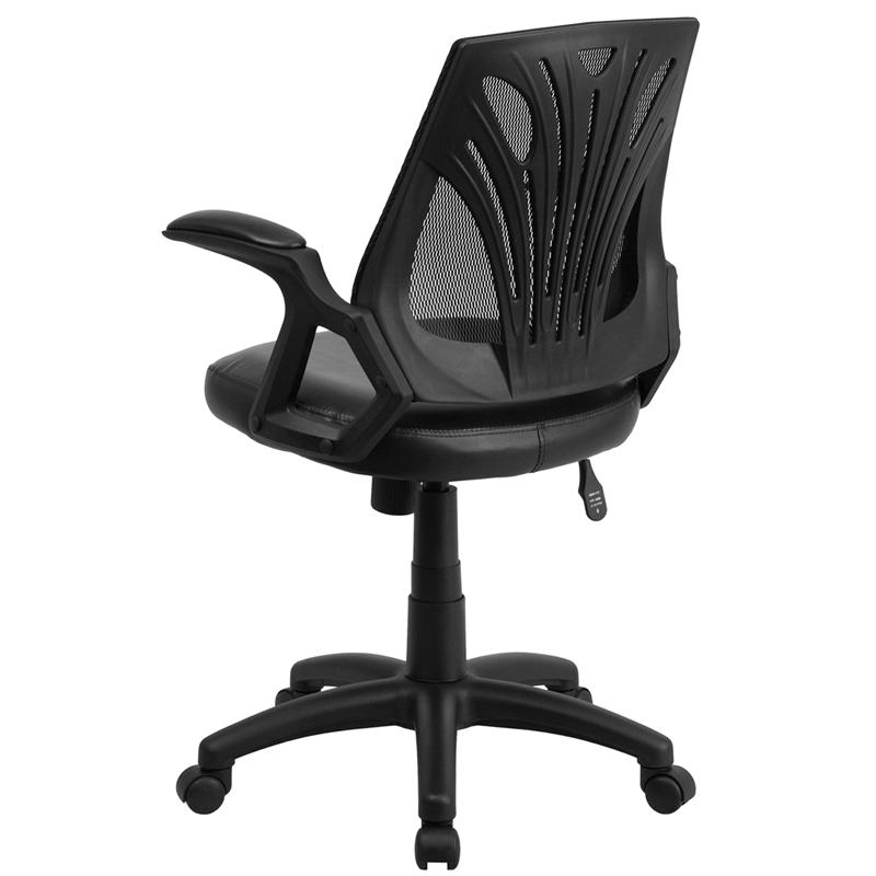 Mid-Back Designer Black Mesh Swivel Task Office Chair with LeatherSoft Seat and Open Arms. Picture 3