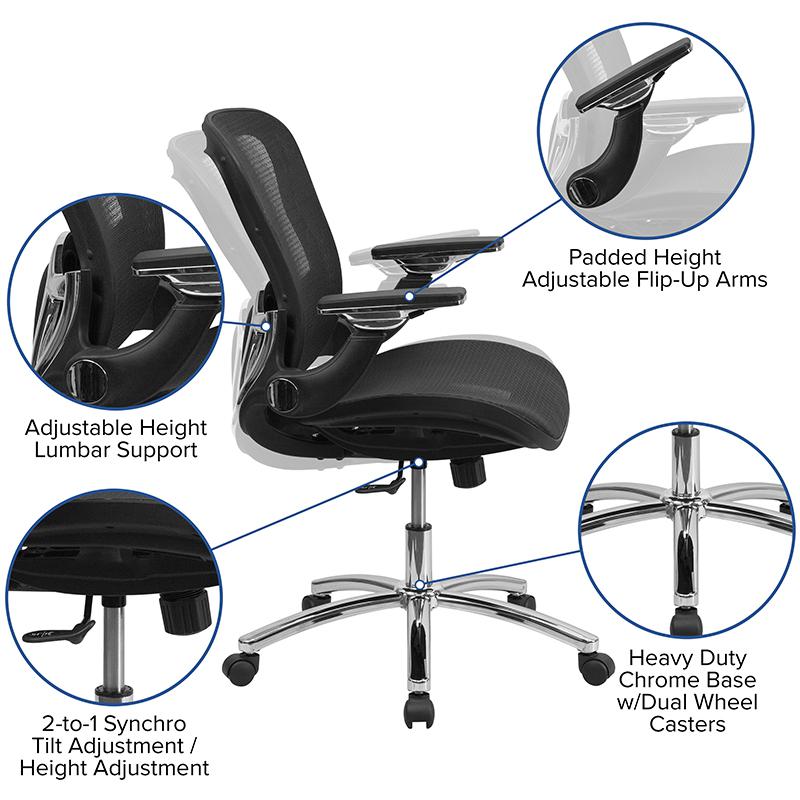 Mid-Back Transparent Black Mesh Executive Swivel Ergonomic Office Chair with Synchro-Tilt & Height Adjustable Flip-Up Arms. Picture 5