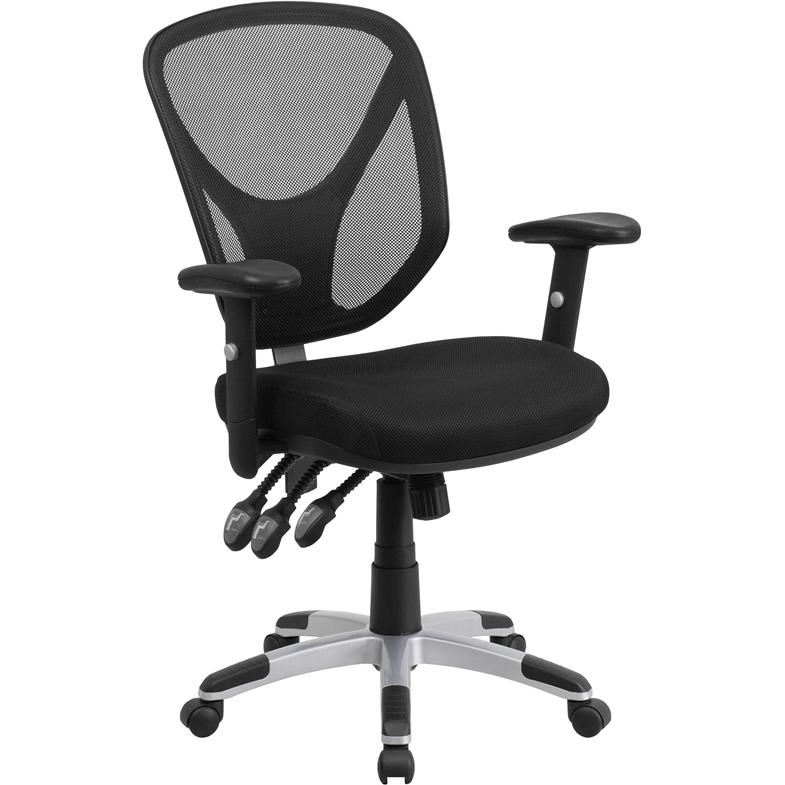 Mid-Back Black Mesh Multifunction Swivel Task Office Chair with Adjustable Arms. Picture 1