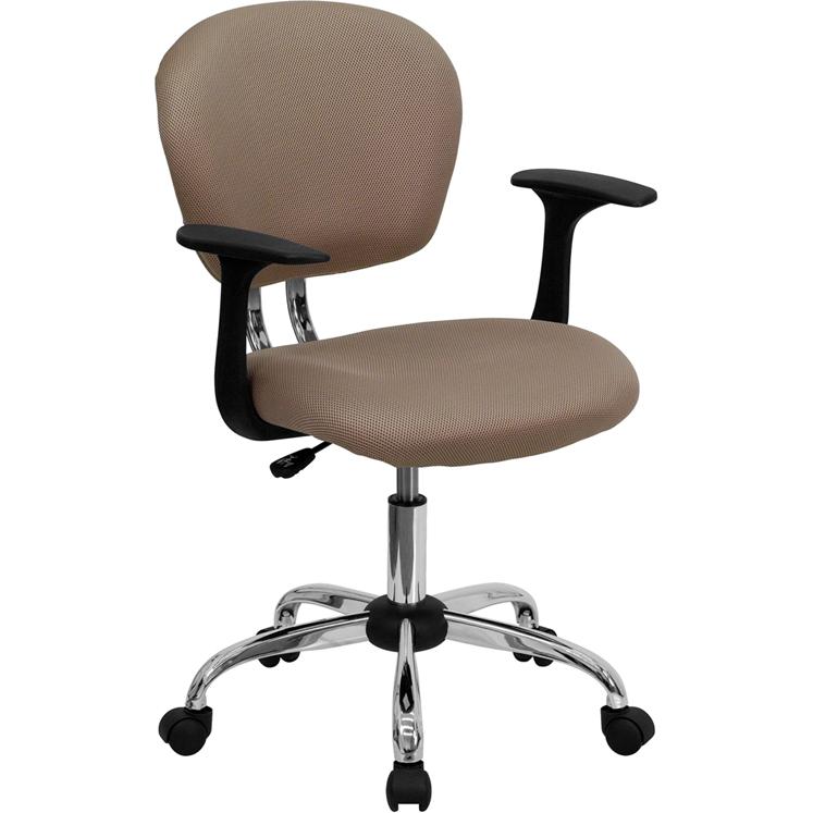 Mid-Back Coffee Brown Mesh Padded Swivel Task Office Chair with Chrome Base and Arms. Picture 1