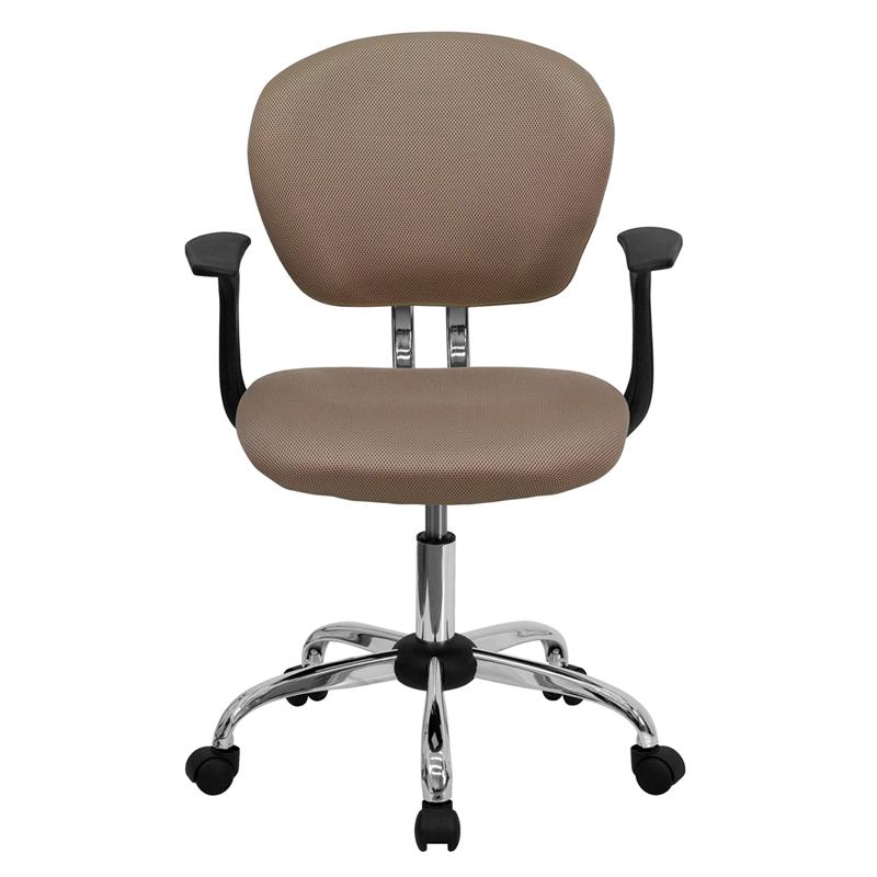 Mid-Back Coffee Brown Mesh Padded Swivel Task Office Chair with Chrome Base and Arms. Picture 4