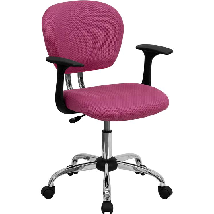 Mid-Back Pink Mesh Padded Swivel Task Office Chair with Chrome Base and Arms. Picture 1