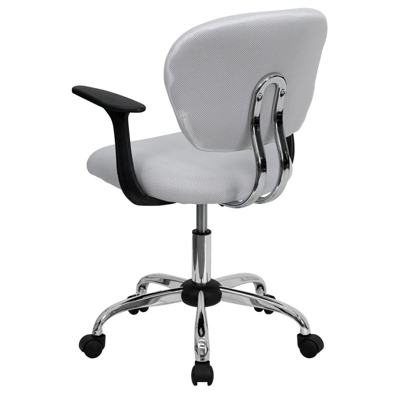 Mid-Back White Mesh Padded Swivel Task Office Chair with Chrome Base and Arms. Picture 3