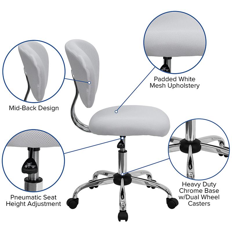 Mid-Back White Mesh Padded Swivel Task Office Chair with Chrome Base. Picture 5