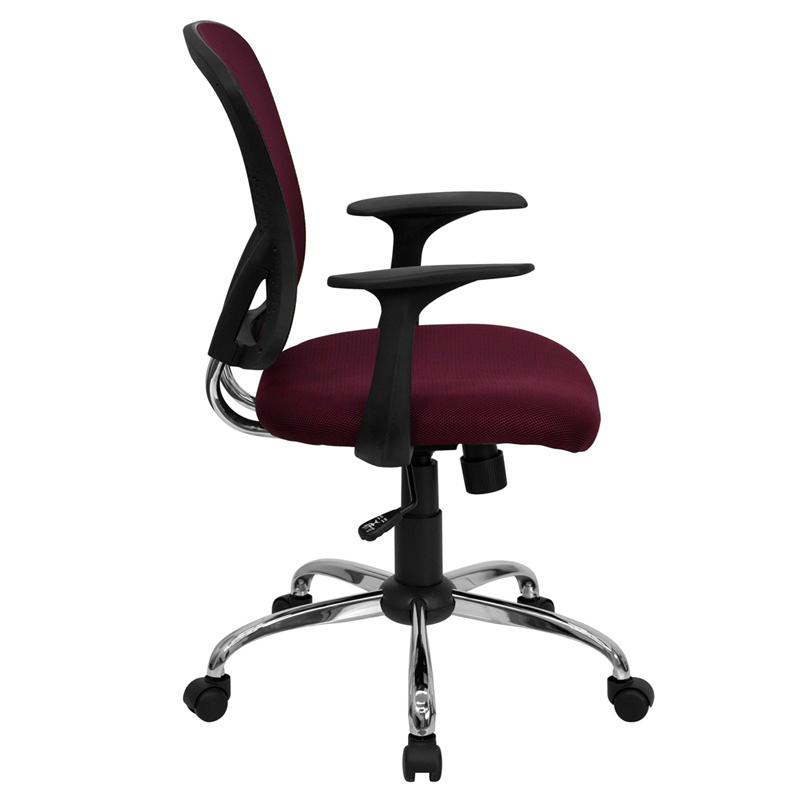 Mid-Back Burgundy Mesh Swivel Task Office Chair with Chrome Base and Arms. Picture 2