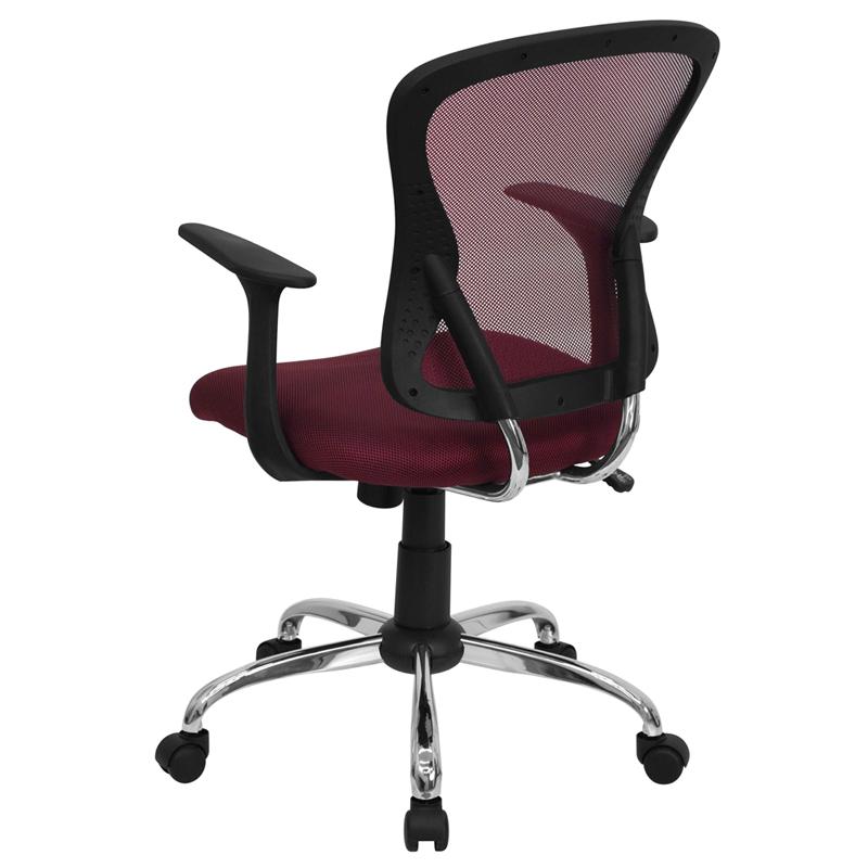 Mid-Back Burgundy Mesh Swivel Task Office Chair with Chrome Base and Arms. Picture 3