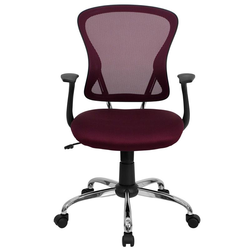Mid-Back Burgundy Mesh Swivel Task Office Chair with Chrome Base and Arms. Picture 4